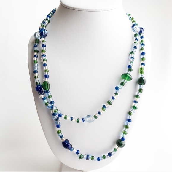 Vintage Coro Necklace Beaded Glass Long Flapper Necklace Blue Green Clear - Picture 6 of 10